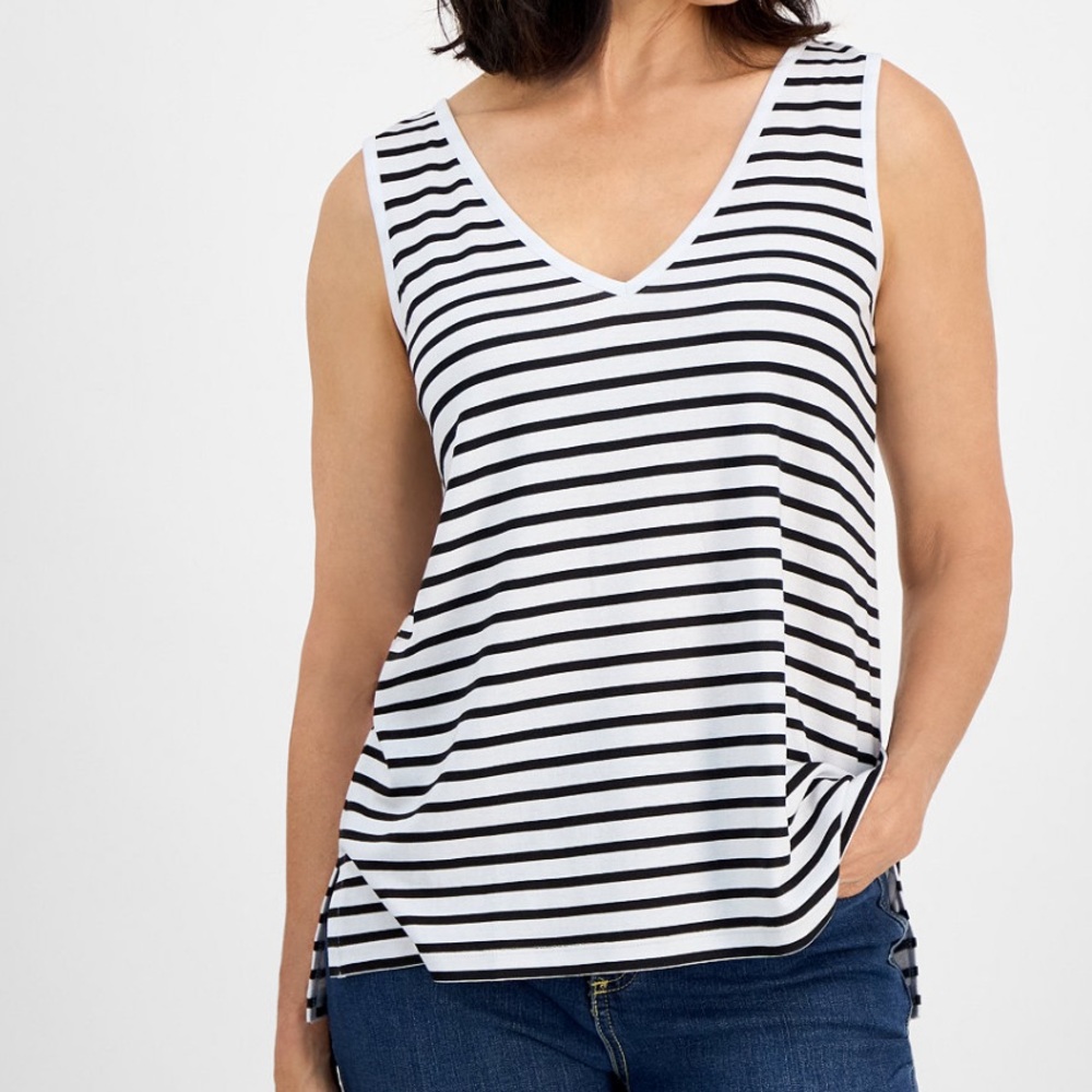 Style & Co.‎ Linen Blend White and Black  Striped Tank Top XL New With Tags